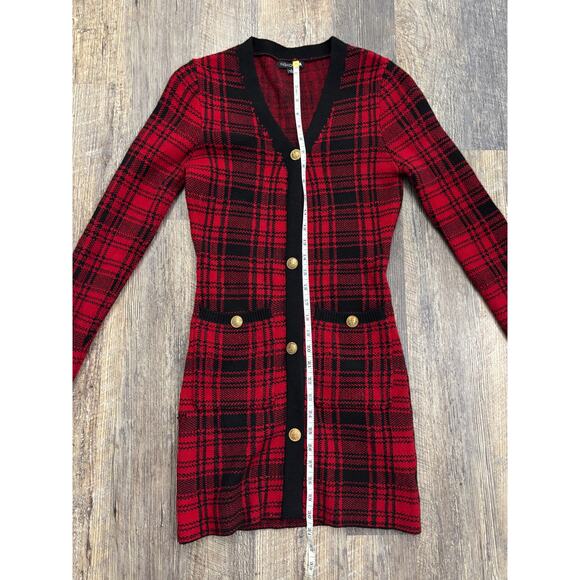 Fashion Nova Red & Black Plaid Cardigan Dress - Picture 4 of 6